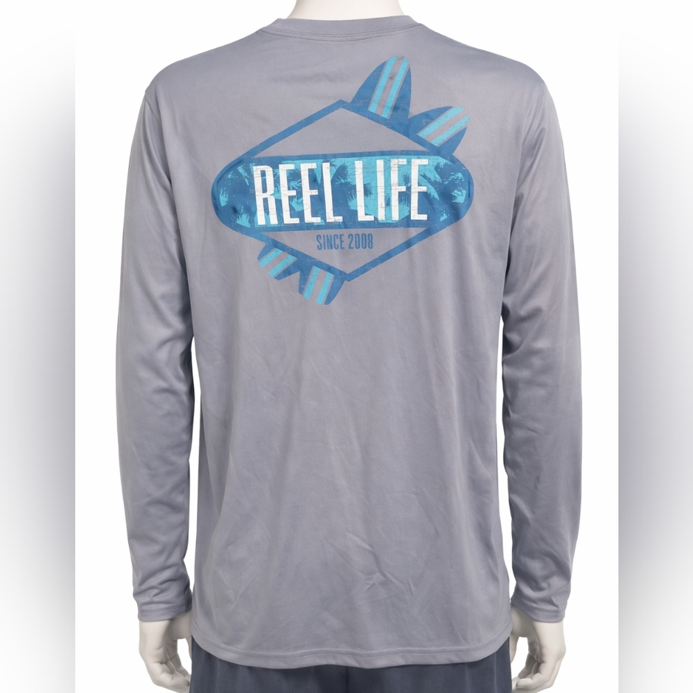 Reel Life Shirt Men sz Med. Gray Coastal Fish Fishing Outdoor Sport Surf Board